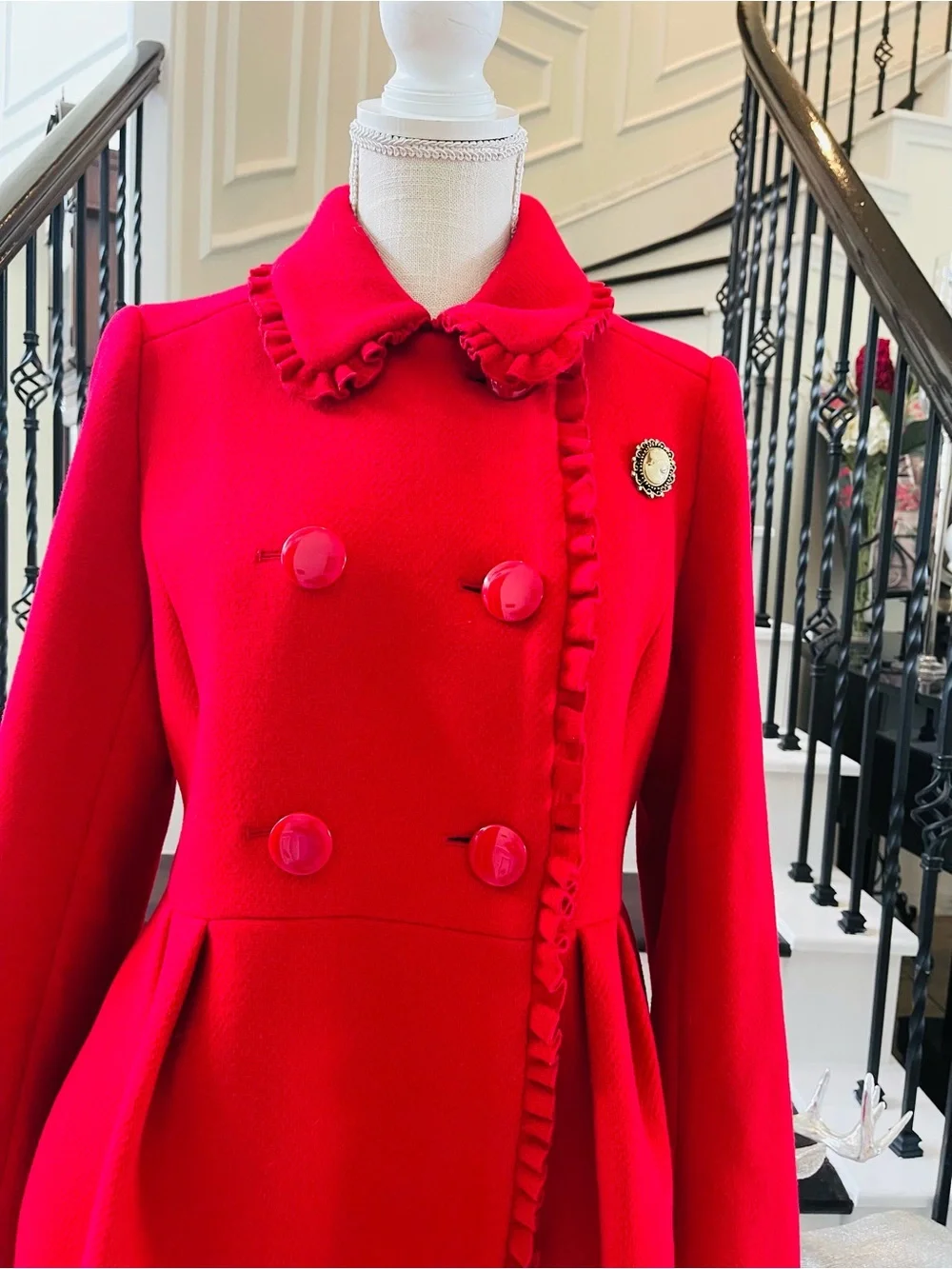Kate Spade New York RUFFLE TRIM BOW BACK COAT IN CHARM RED